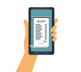 A woman s hand is holding a smartphone, and the order receipt is displayed on the screen. Online store or order a taxi. Vector illustration in flat style.