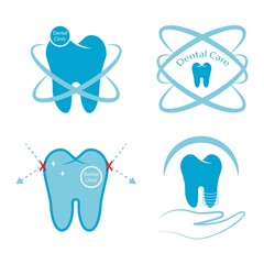 Set of logos for dentistry, dental care, prosthetics. Vector illustration for printing on packages with toothpaste, toothbrush, banner, poster.