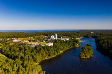 Fototapeta premium the ancient monastery of Valaam and nearby skerries filmed from a drone