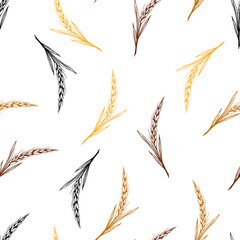 Simple vector seamless pattern. Golden, brown spikelet of wheat, black contour of crops, organic plant cultivation, seasonal harvest. Food, bread, flour. For printing textiles, labels, packaging.