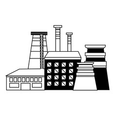 Vector factory icon in linear style, isolated on a white background.  The concept of industrial building. Industrial complex. A power plant with chimneys, pipes, and reservoirs.