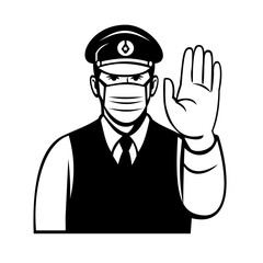 Japanese Policeman or Police Officer Wearing Face Mask Showing Stop Hand Signal Black and White Cartoon