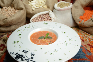 traditional turkish cuisine soup in front of legume family sacks