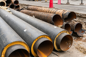 Kyiv (Kiev), Ukraine - 13 August, 2020: Replacement of old rusty pipes (plumbing) for the new ones on the street, serious and extensive work which causes a lot of temporary inconveniences