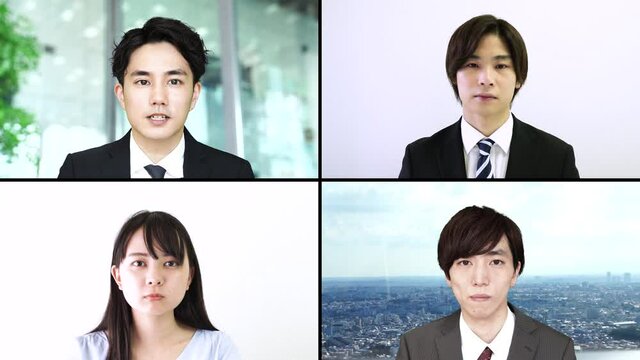 オンラインビジネス　会議　イメージ　男女4人　画面合成用