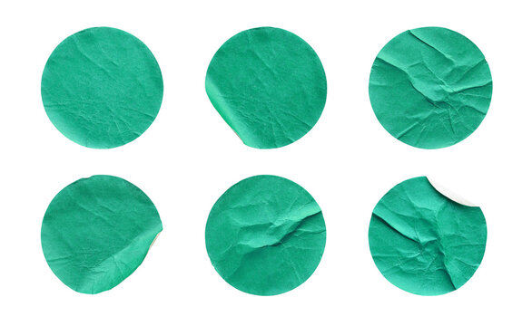 Blank green round adhesive paper sticker label set collection isolated on white background