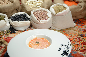 traditional turkish cuisine soup in front of legume family sacks