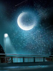 landscape of electric pole , street lamp and bridge in starry night sky