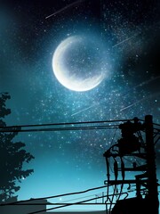 landscape of  starry  night sky and electric pole