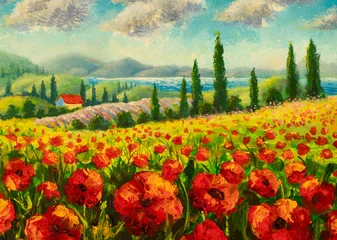 Fotobehang Oranje Red poppies painting. Italian Lavender summer countryside. French Tuscany. Field of yellow rye. Rural houses and high cypress trees on hill. Mountains in background. Oil painting palette knife impasto  © weris7554
