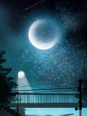 landscape of moon and thousands of stars in night sky with electric pole's silhouette