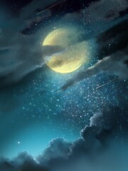 yellow full moon and stars in night sky
