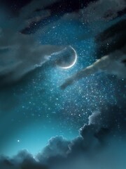 crescent moon and stars in night sky