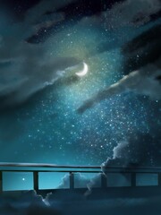 silhouette of old bridge and crescent moon in starry night