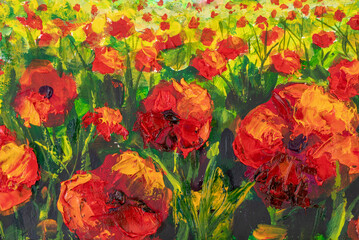 Red poppies spring meadow flower painting. Oil painting palette knife impasto.colorful landscape oil painting