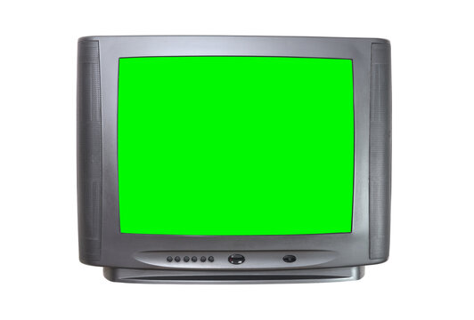 Black vintage green screen TV for adding new images to the screen. Isolated on white background.