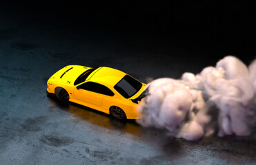 Aerial View of a Yellow Luxury Sports Car Drifting with Smoke. 3D Rendering.