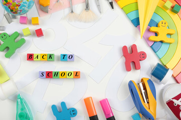 School supplies with inscription Back To School on white background. Back to school concept.