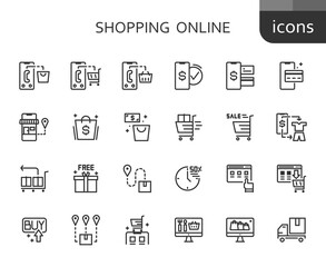 Shopping online outline flat icon set, editable stroke, 64x64 pixel perfect
