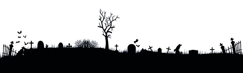 Black silhouettes of tombstones, crosses and gravestones. Cemetery elements. Cemetery panorama. Vector. EPS10 - obrazy, fototapety, plakaty