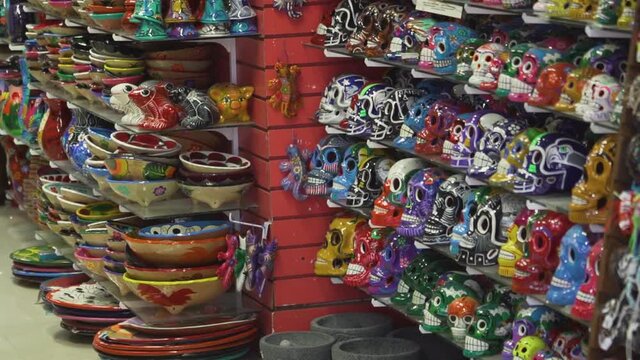Handheld shot of Mexican handcrafts in a popular travel destination in Mexico at 120fps.