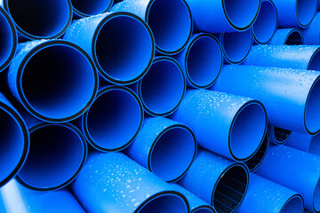 Plastic pipe is stockpiled for storage in the open air