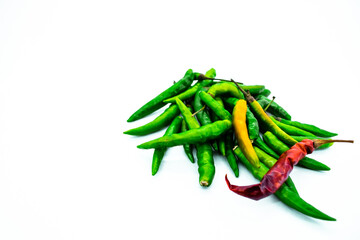 Close Up View of Fresh Red Green Chili Peppers On Isolated White Background. Creative image of hot raw green red chilli in food vegetable pattern with noise grain effect. Chile At Copy Space For Text.