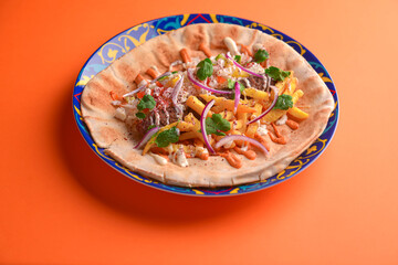 Lavash bread with grilled meat, vegetables, cheese. Shawarma lavash bread, fresh roll of lavash, pita bread.