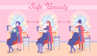 Safe Beauty. Social distance in beauty salons. Maintain service during coronavirus pandemic. COVID-19 prevention in public places. Hairdressers cut clients wearing masks and keep distance. New normal