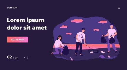 Eco volunteers collecting garbage outdoors. Young people with rake and plastic bags cleaning beach from trash. Can be used for environment pollution, recycling, nature or nature care concept