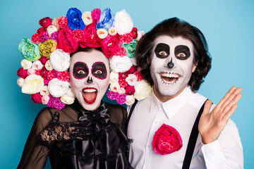 Photo of pretty spooky couple man lady girl cuddle surprise discount religious festival ritual...