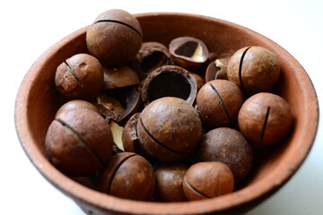 
Macadamia nut in a clay cup.
