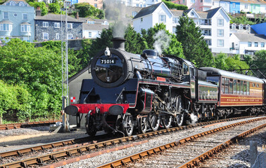 Standard Class 4 steam loco 75014 departing Kingswear, Devon, England