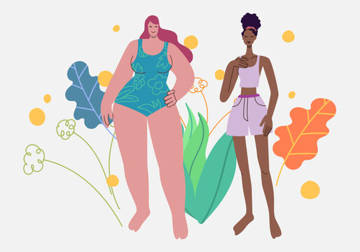 Beautiful two female figure and leaves and flower, Body positive in dressed  trendy swimsuits standing poses, Plus and minus size women.