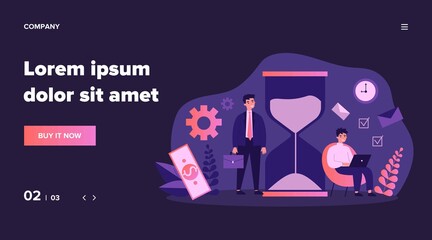 Businesspeople following time table near hour glass. Freelancer working in morning, using laptop under clock. Vector illustration can be used for time management, chronometer, planning day concept