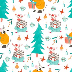 Seamless pattern with Christmas tree steers,a candle,a bell.Print with Christmas cow in brown,orange,blue color on white isolated background, design for wrapping paper,textile,wallpaper.