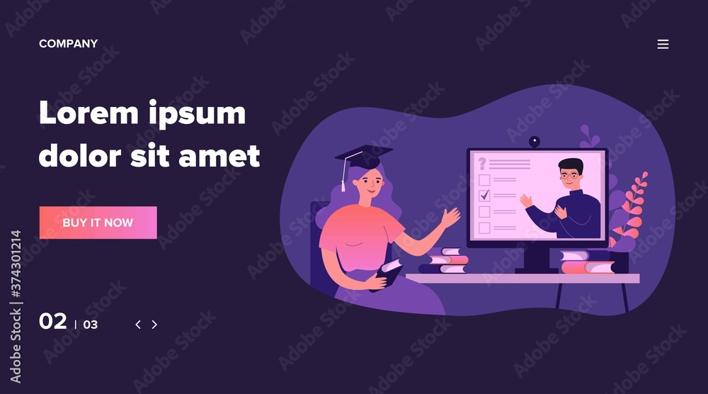 Poster college student watching online webinar, passing test, using computer, attending class. vector illus