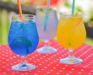 Three ice soft drinks with soda water, refreshing summer beverage. Alcohol cocktail with ice in a glass outside.