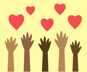 People's hands are raised up. Crowd. Vector illustration.