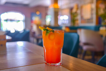 Red orange cocktail with citrus syrup and fresh lemon served in a glass on wooden table over restaurant background.