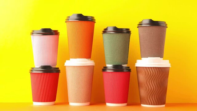 A lot of disposable cups for coffee and tea change places. Nice catering for a coffee shop. Video footage stop motion timelapse. Yellow background.