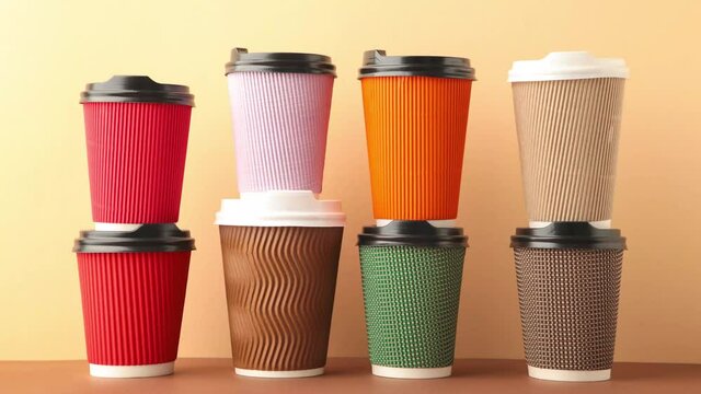 A lot of disposable cups for coffee and tea change places. Nice catering for a coffee shop. Video footage stop motion timelapse. Beige background.