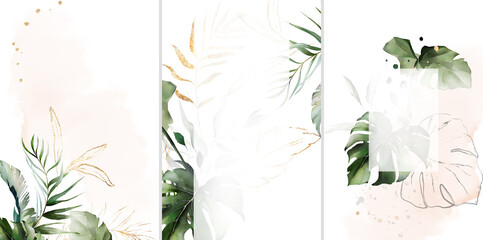 Ready to use Card. Herbal Watercolor invitation design with leaves. tropical watercolor background.  botanic illustration. Template for wedding.   frame