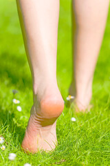Woman legs in green grass, feet on the grass