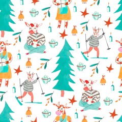 Fototapeta na wymiar Seamless pattern with New Year's bulls on skis with a Christmas tree, with a gift. Print with festive cow in brown,orange,blue flowers on white isolated background.Design for wrapping paper,textile.