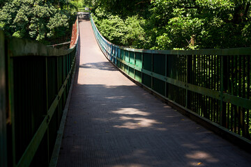 Fototapeta premium A wooden suspension bridge over the river in the forest