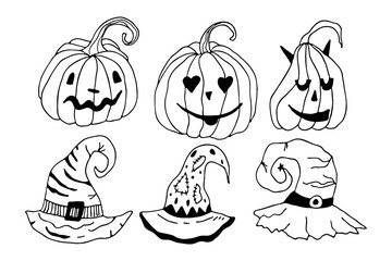 Hand drawn pumpkins witch magic hat set in doodle style. Halloween vector illustration for card design and fall decoration. Jack lantern and wizard hat line art.