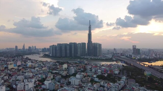 Aerial footage of Landmark 81 and Ho Chi Minh City downtown