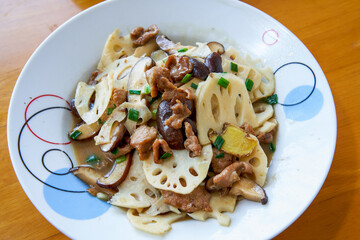 Chinese common dish, fried pork with lotus root