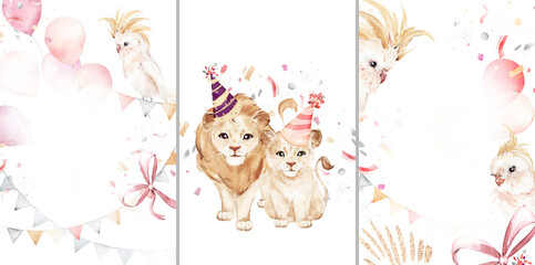 Ready to use Card. Watercolor invitation design with animals, balloons. tropical watercolor background.  Template for party. Happy birthday - frames